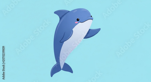 Smiling dolphin jumping out of water on blue background
