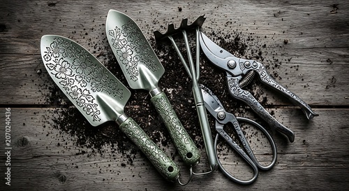 Rustic Garden Tools and Hand Tools on Weathered Wooden Surface.