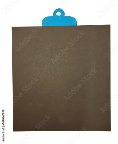A simple brown square clipboard with a bright blue plastic hanging clip