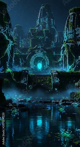 Ancient Underwater City Ruins Glow In Neon Blue.