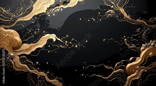 Lacquerware (Shikki) Style of a sushi serving board, featuring gold or silver metallic accents on a black lacquer field, in a palette of deep urushi black, polished gold, hints of red lacquer