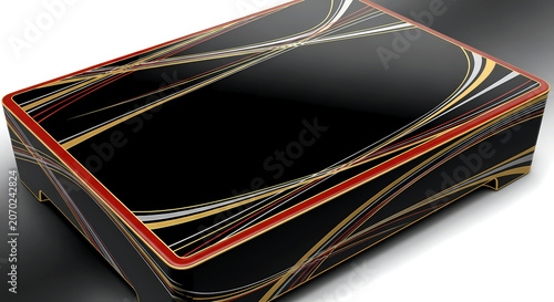 Lacquerware (Shikki) Style. a sushi serving board, featuring gold or silver metallic accents on a black lacquer field, in a palette of deep urushi black, polished gold, hints of red lacquer