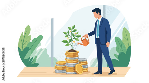 Financial officer nurturing investment growth by watering a plant on gold coins stack flat vector illustration