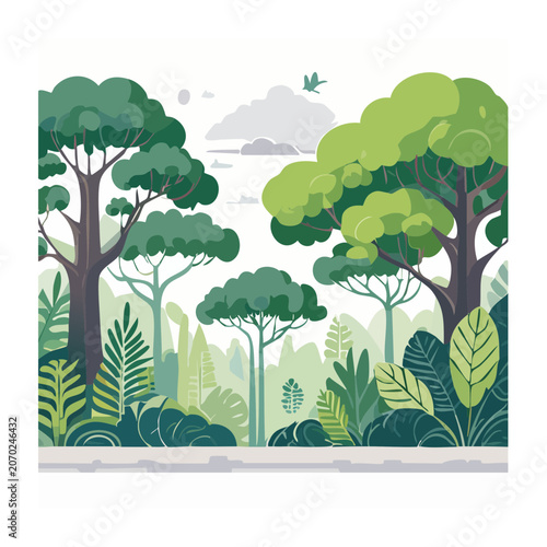 Flat design forest landscape with lush green trees and plants