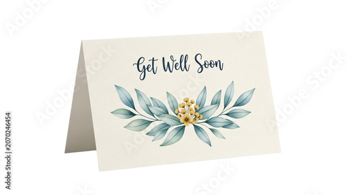White greeting card with the words get well soon on it surrounded.