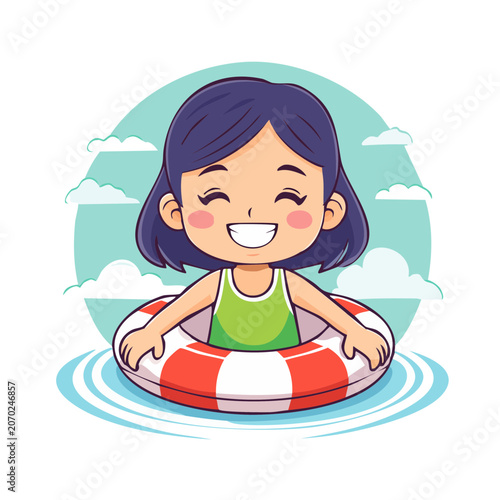 Cartoon girl on inflatable ring in water