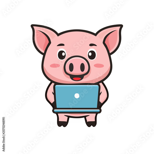 Cartoon pig using a laptop