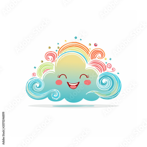 Cartoon Smiling Cloud with Rainbow and Sun