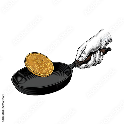 Hand frying cryptocurrency coin in pan representing high heat volatile digital financial art 3d