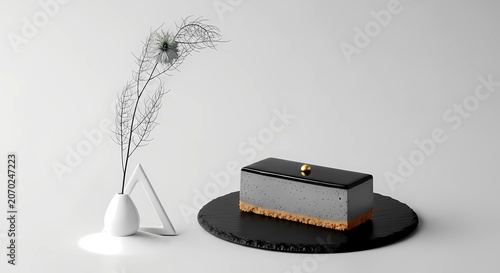 Japanese black sesame cheesecake, monochrome. a glossy, dense black sesame cheesecake slice with a smooth surface, with a single gold sesame seed
