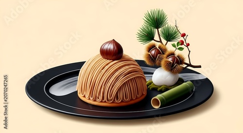  a glossy, elegant Japanese mont blanc (chestnut cake) with fine vermicelli chestnut cream covering a smooth dome, a candied chestnut on top