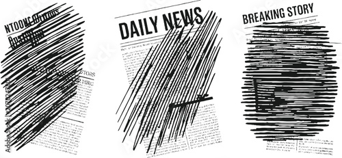 Photos Three black and white newspaper fragments with scribbled lines obscuring text pr