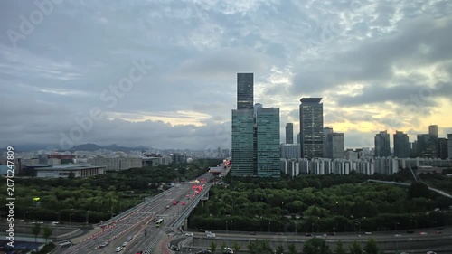 Timelapse, panoramic sunrise city view, sunrise cityscape of Yeouido, Seoul, Korea	