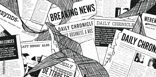 Tableau sur toile Black and white collage of overlapping newspaper pages with headlines and text