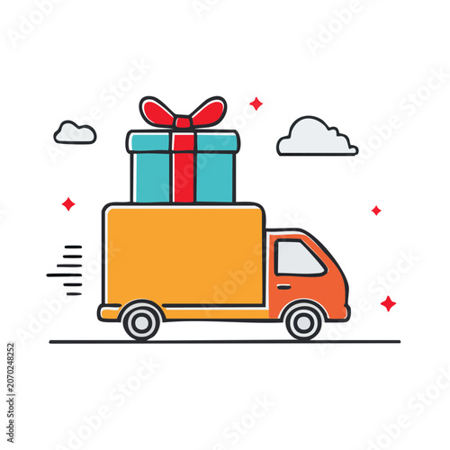 Flat illustration of delivery truck with gift box