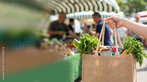 Woman holding reusable jute bag with fresh organic vegetables at local farmers market, sustainable grocery shopping concept for healthy lifestyle