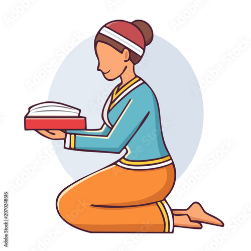 Woman kneeling and reading a book in flat vector style