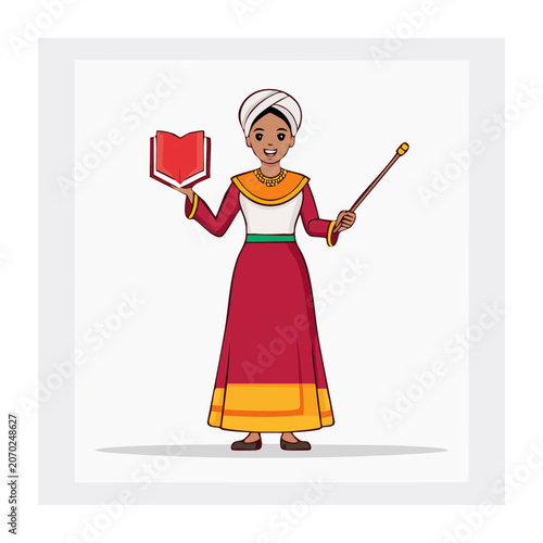 Woman in traditional dress holding a book and pointer stick