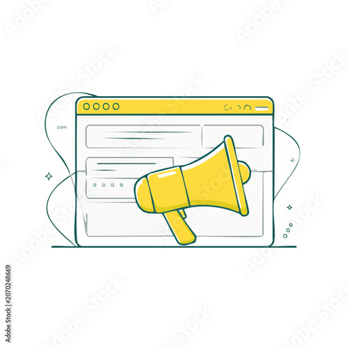 Yellow megaphone over browser window flat vector illustration