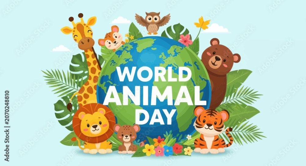 Naklejka premium World animal day illustration with cute animals and globe