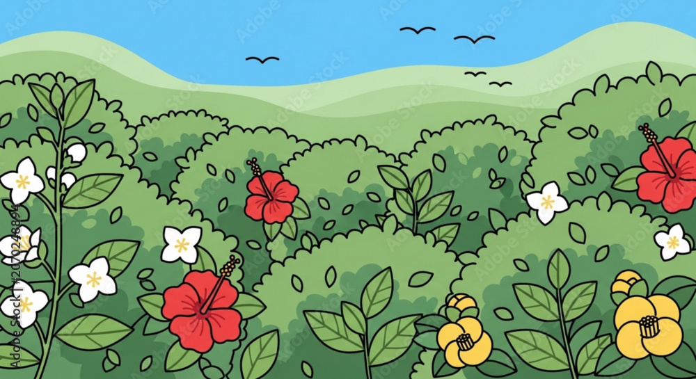 Naklejka premium Colorful flowers bloom in a lush green landscape