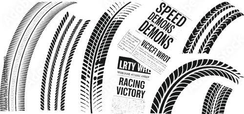 Εκτύπωση καμβά Black tire tracks and newspaper headlines about racing victory and speed demons