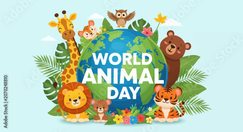 World animal day illustration with cute animals and globe