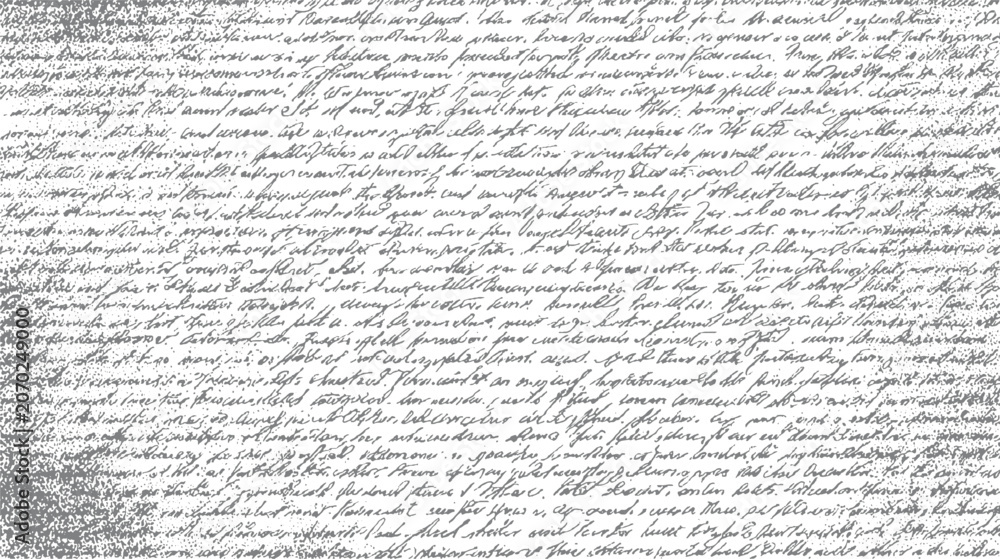 Fototapeta premium Faded grey handwritten script texture on white background with visible dots and speckles handwriting