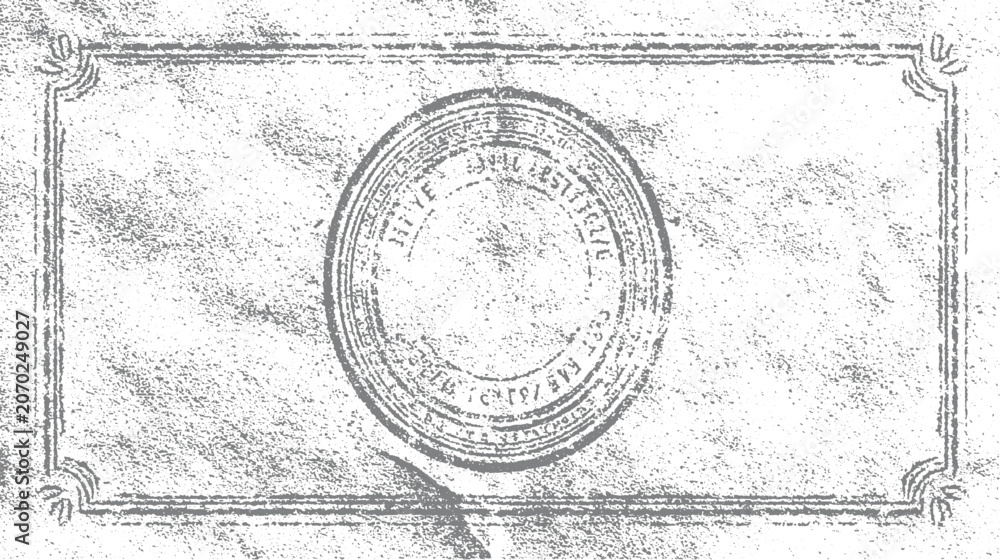 Obraz premium Grungy distressed grey circular stamp and ornate border on textured paper background grunge
