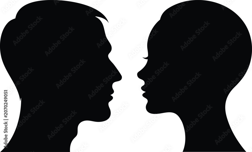 Fototapeta premium Male and Female Face Silhouettes Facing Each Other in Profile Isolated Vector Illustration for Communication and Relationship Concepts