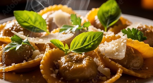 Crispy Ravioli with Basil and Grated Cheese.