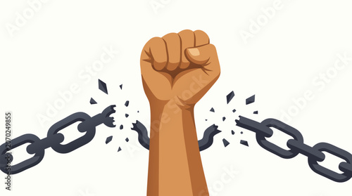 A powerful flat vector illustration of a raised fist shattering metal chains, symbolizing freedom, empowerment, and social justice, ideal for activism campaigns, social causes, and motivational conten