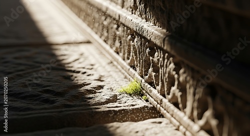 Sunlit Stone Wall By Water with Single Sprouting Plant.