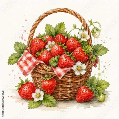 Watercolor basket filled with ripe strawberries, strawberry blossoms and green leaves, charming summer fruit illustration on white background.
