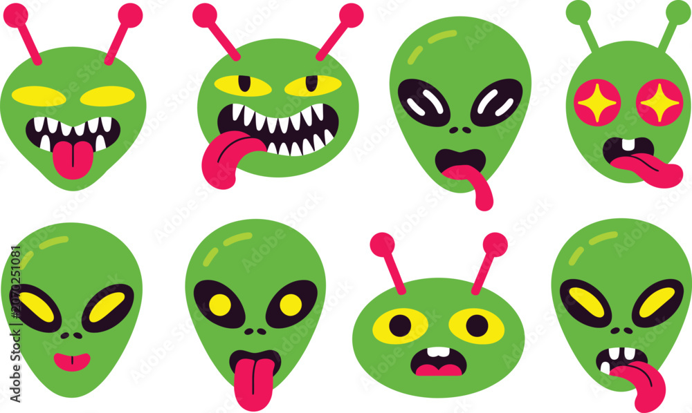 Obraz premium Set of cartoon green alien faces with diverse funny expressions sci fi extraterrestrial expressions stickers creature monsters character laughing surprised collection illustration isolated