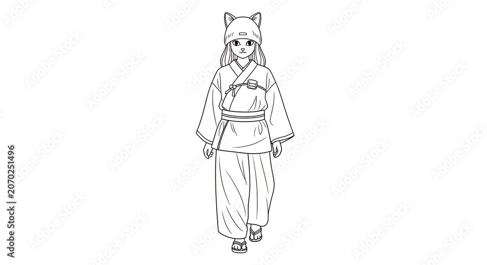Fototapeta premium Monochrome Full Body Doodle of a Figure with Cat Ears Isolated on White Background