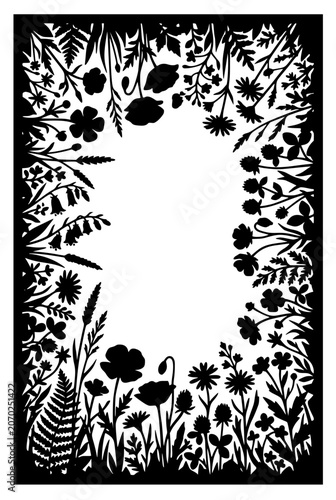 Black Silhouette Floral Border with Meadow Flowers and Wild Plants