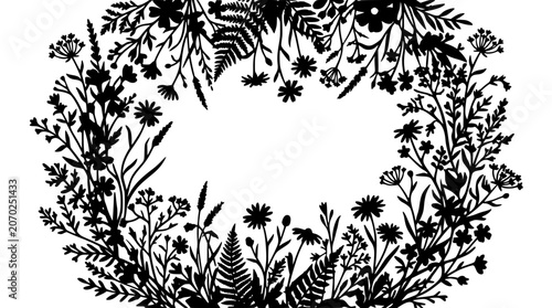 Black wildflower wreath silhouette on white background with ferns and herbs