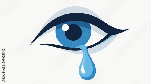 Close-up illustration of a vivid blue eye shedding a single large teardrop on a white background, flat vector illustration conveying sadness, grief and deep human emotion.
