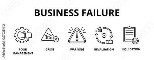 Business failure banner web icon vector illustration concept with icon of poor management, crisis, warning, revaluation and liquidation