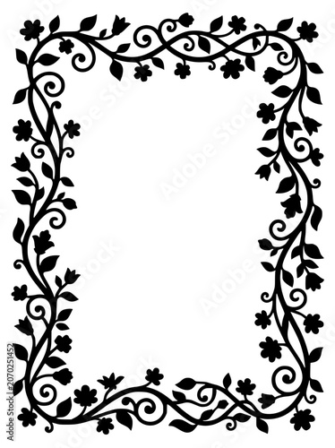 Decorative black floral border silhouette with vines and flowers