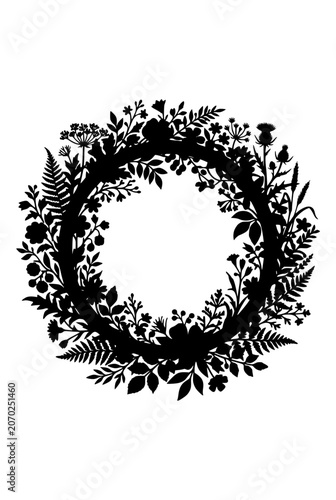 Botanical Floral Wreath Silhouette Frame with Leaves and Wildflowers