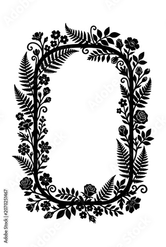 Decorative Floral Silhouette Oval Frame with Ferns and Roses