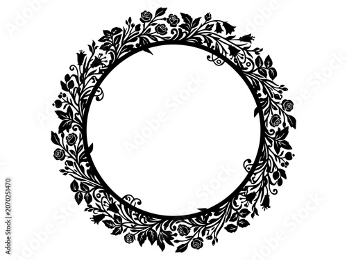 Decorative Circular Floral Frame Silhouette with Roses and Leaves