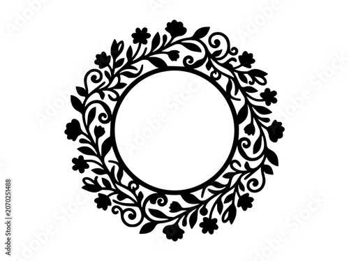 Elegant Circular Floral Wreath Silhouette with Flowers and Leaves
