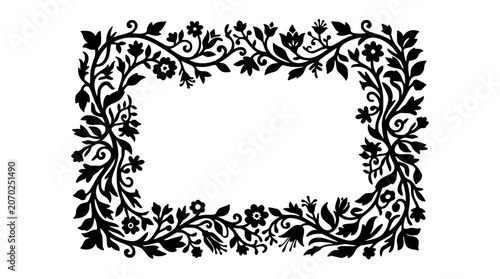 elegant black and white floral silhouette frame with vines and leaves