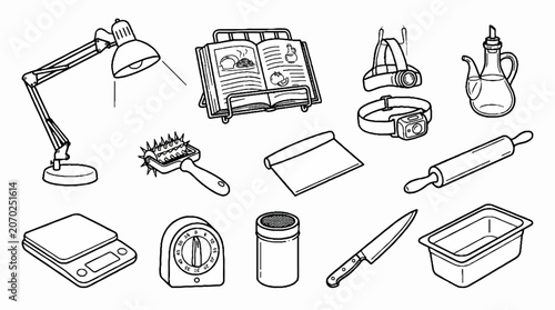 Hand drawn kitchen tools and cooking equipment line art illustration set.