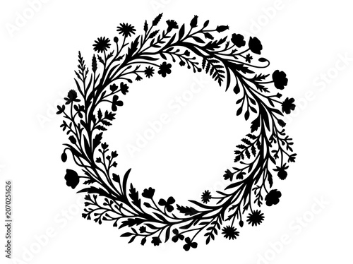 Wildflower Floral Wreath Silhouette Circle Border