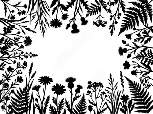 Wildflower and Grass Silhouette Frame with Botanical Border
