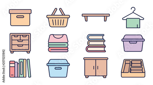 Minimal Home Organization Storage Flat Vector Icons Collection Set